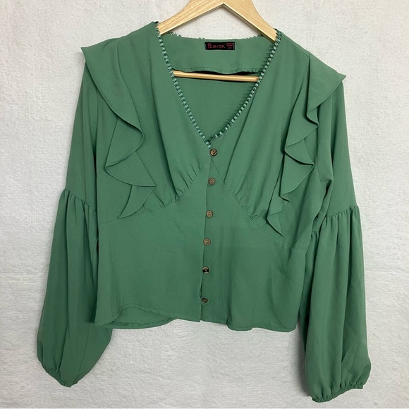 Park Karon Tops - Unique Romantic Green Ruffle V-Neck Button Front Long Sleeve Top - 10